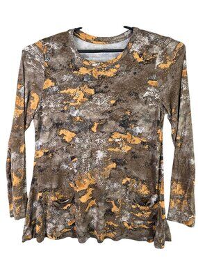 Womens Logo Lori Goldstein Brown Camo Blouse Long Sleeve Rayon Blend Stretch L